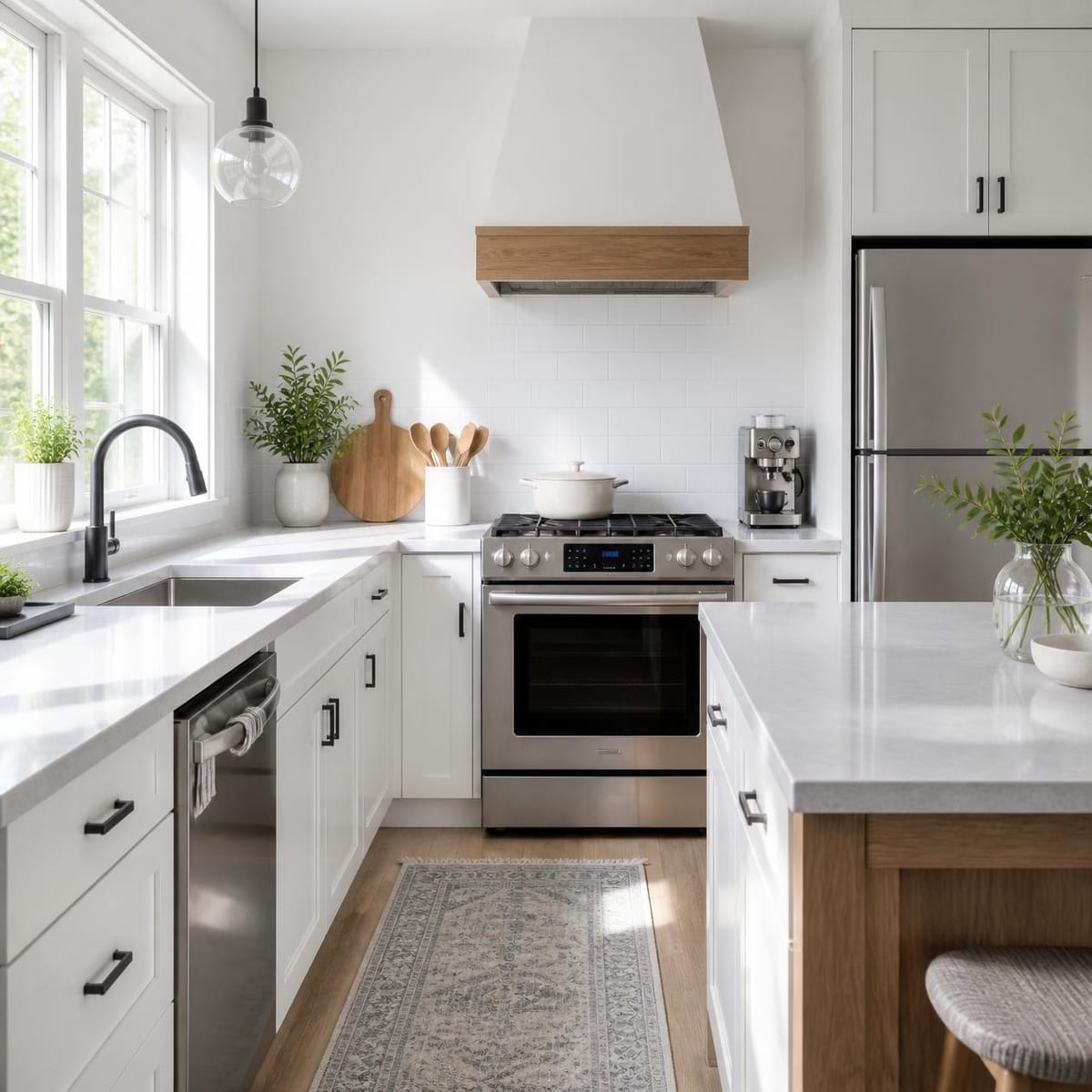 White kitchen with a wood-trimmed hood, stainless range, and black fixtures