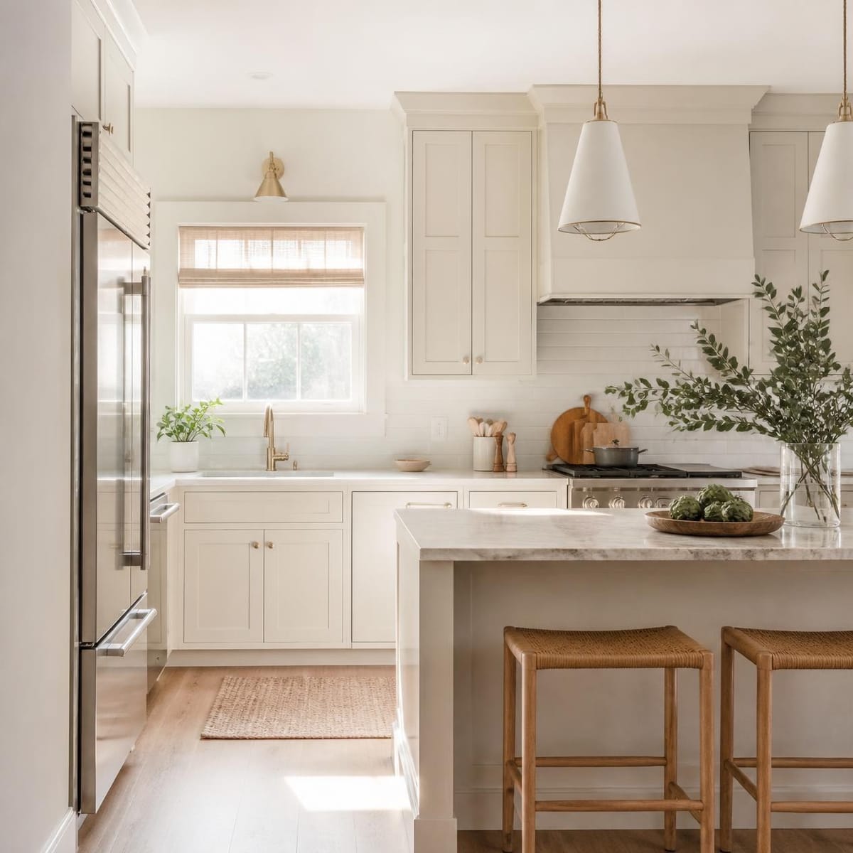 Cream kitchen with a marble island, woven stools, and cone pendants